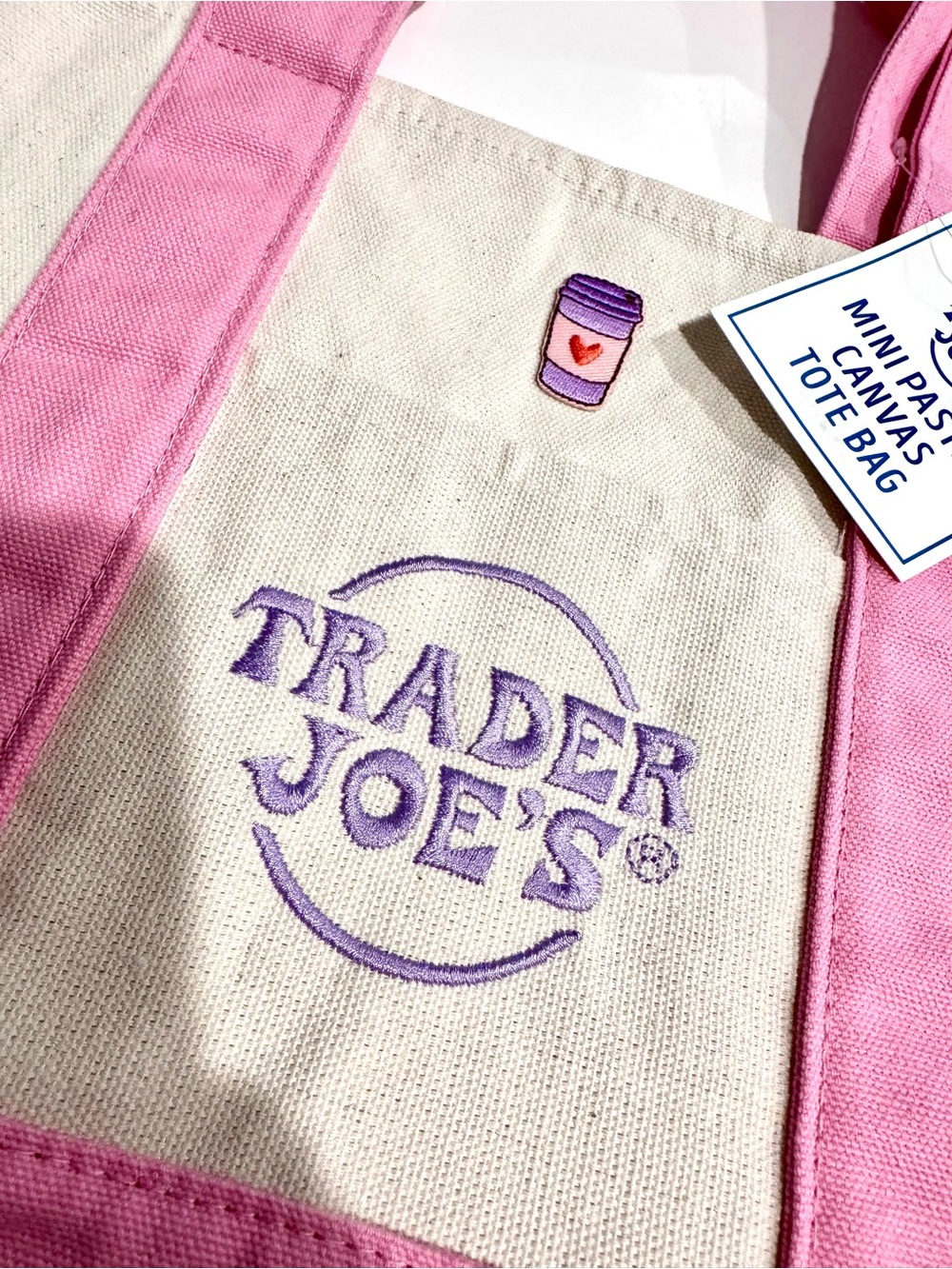 Trader Joe's Mini Pastel Canvas Tote Bag - Pink & Cream, Personalized - Picture 3 of 7